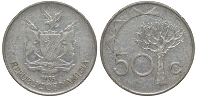 Намибия 50 центов 1993 дерево KM 3 никелированная сталь 4163-1141