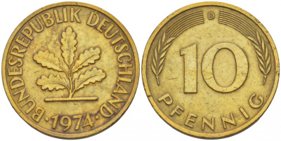 ФРГ 10 ПФЕННИГОВ 1974 D KM 108, J.383 сталь плакированная латунью 4544-1121