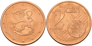 Финляндия 2 евроцента 1999  KM 99 сталь плакированная медью  UNC  4160-319