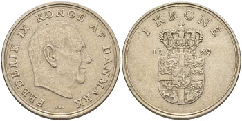 ДАНИЯ 1 КРОНА 1969 C; S, ФРЕДЕРИК IX (1947-1972) KM 851.1 медно-никель 95-725