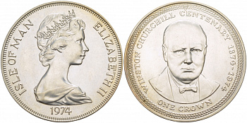 Остров Мэн 1 крона 1974 Уинстон Черчилль KM 30a серебро UNC 01-173-21