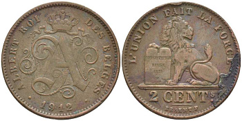 БЕЛЬГИЯ 2 САНТИМА 1912 BELGES, АЛЬБЕРТ I (1909-1934) KM 64 медь 119-325