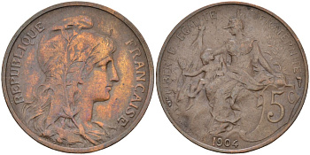 Франция 5 сантимов 1904 тип Даниэль Дюпюи KM 842, Le Franc 119.14 бронза 4126-626