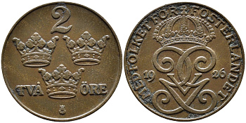 Швеция 2 эре 1926 Густав V (1907-1950) KM 778 бронза 67-1112