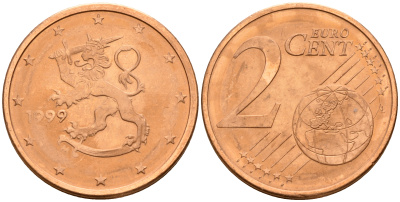 Финляндия 2 евроцента 1999  KM 99 сталь плакированная медью  UNC  4160-319