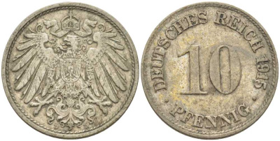 ГЕРМАНИЯ 10 ПФЕННИГОВ 1915 D KM 12, J. 13, Weege 8 медно-никель 212-322