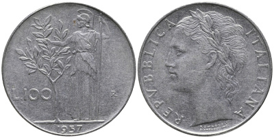 ИТАЛИЯ 100 ЛИР 1957 R, АФИНА KM 96.1 нержавеющая сталь 32-945
