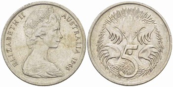 АВСТРАЛИЯ 5 ЦЕНТОВ 1966 ЕЛИЗАВЕТА II, МОЛОДОЙ ПОРТРЕТ, ЕХИДНА KM 64 медно-никель 105-716