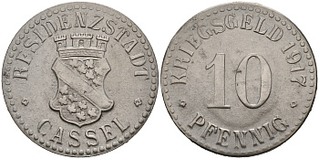 ГЕРМАНИЯ КАССЕЛЬ 10 ПФЕННИГОВ 1917 КРИГСГЕЛЬД железо 75-1622