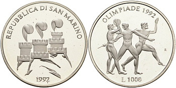 Сан-Марино 1000 лир 1992 XXV летние Олимпийские игры в Барселоне 1992 года, легкая атлетика KM 277 серебро PROOF 1096-4-31