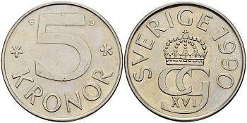 Швеция 5 крон 1990 D, Карл XVI Густав (1973- ) KM 853 медно-никель 4517-526