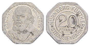 Нюрнберг трамвайный (транспортный) жетон в 20 пфеннигов ND (1920-1921) Портрет Иеронима Хольцшуэра Men05 19256.18, Men18 24102.18 алюминий UNC 3459-516