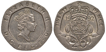 Великобритания 20 пенсов 1992 Елизавета II (1952-2022) KM 939, Spink 4361 (G2) медно-никель 4122-1123