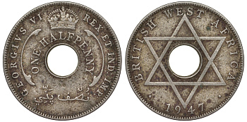 Британская Западная Африка 1/2 пенни 1947 H, Георг VI KM 18 медно-никель 25-2225