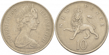 Великобритания 10 пенсов 1970 Елизавета II (1952-2022) KM 912, Spink 4231 (F1) медно-никель 4403-722