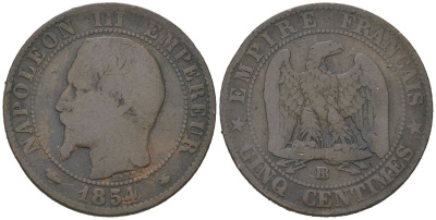 Франция 5 сантимов 1854 BB, Наполеон III (1852-1870) KM 777.3 бронза 4586-415