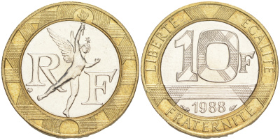 Франция 10 франков 1988 тип Гений Бастилии KM 964.1, Le Frank 375.2 биметалл 4556-146