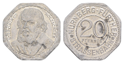 Нюрнберг трамвайный (транспортный) жетон в 20 пфеннигов ND (1920-1921) Портрет Иеронима Хольцшуэра Men05 19256.18, Men18 24102.18 алюминий UNC 3459-516