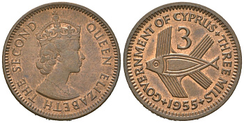 Кипр 3 миля 1955 KM 33 бронза aUNC 4573-1123