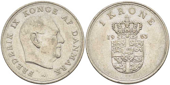 ДАНИЯ 1 КРОНА 1963 C; S, ФРЕДЕРИК IX (1947-1972) KM 851.1 медно-никель 95-137