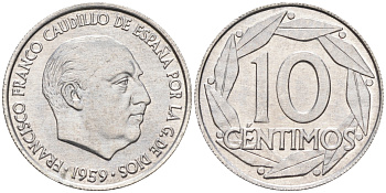 Испания 10 сентимо 1959 Франсиско Франко (1939-1975) KM 790 алюминий  UNC  4124-765