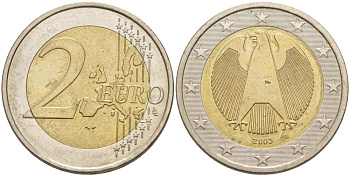 ГЕРМАНИЯ 2 ЕВРО 2003 G KM 214 биметалл 4543-453