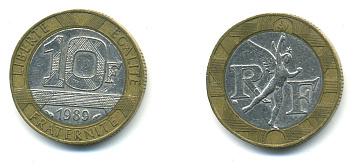 Франция 10 франков 1989 тип гений Бастилии KM 964.1, Le Franc 375.3 биметалл 176-1212