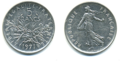 Франция 5 франков 1971 сеятель KM 926a.1, Le Franc 341.3 медно-никель плакированный никелем 57-926