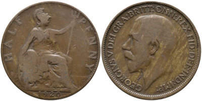 Великобритания 1/2 пенни 1920 Георг V (1910-1936) KM 809, Spink 4056 бронза 65-911