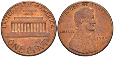 США 1 ЦЕНТ 1982 ЛИНКОЛЬН KM 201 медь цинк 86-224