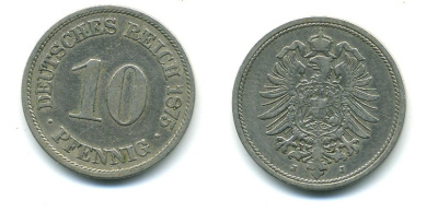 ГЕРМАНИЯ 10 ПФЕННИГОВ 1875 J, СТАРОГЕРБОВКА KM 4, J.4 медно-никель 54-448