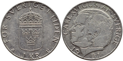Швеция 1 крона 1981 Карл XVI Густав (1973- ) KM 852 медь плакированная медно-никелем 4397-1021