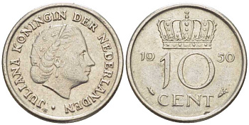 НИДЕРЛАНДЫ 10 ЦЕНТОВ 1950 ЮЛИАНА (1948-1980) KM 182 никель 214-1139