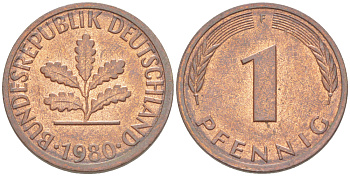 ФРГ 1 ПФЕННИГ 1980 F KM 105, J. 380 сталь плакированная медью 4181-638