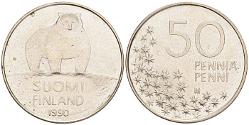 Финляндия 50 пенни 1990 M, полярный медведьЬ KM 66 медно-никель 4528-664