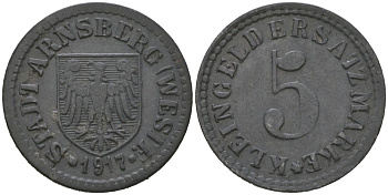 Арнсберг (Пруссия, Вестфалия) 5 пфенингов 1917 Funck 19.1, Men05 678.1, Men18 920.1 цинк 4136-359