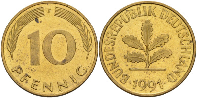 ФРГ 10 пфеннигов 1991 F KM 108, J. 383 сталь плакированная латунью 4175-1054