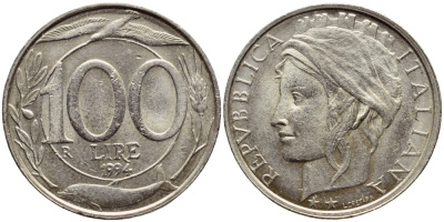 ИТАЛИЯ 100 ЛИР 1994 R KM 159 медно-никель 4397-537