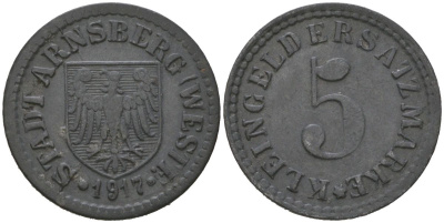 Арнсберг (Пруссия, Вестфалия) 5 пфенингов 1917 Funck 19.1, Men05 678.1, Men18 920.1 цинк 4136-359