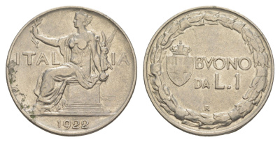 Италия 1 лира 1922 Виктор Эммануил III (1900-1946) KM 62 никель 4178-552