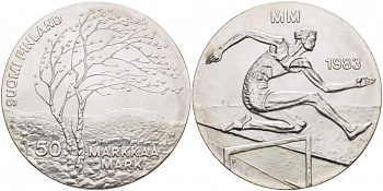 Финляндия 50 марок 1983 K-T, чемпионат мира по атлетике, бег с препятствиями KM 61 серебро UNC 1515-1231