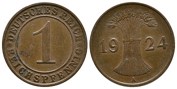 ГЕРМАНИЯ 1 РЕЙХСПФЕННИГ 1924 А KM 37, J.313 бронза 4380-1054
