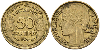 Франция 50 сантимов 1932 KM 894.1, Le Franc 192.15 алюминиевая бронза 4596-748