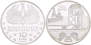 ФРГ 10 евро 2011 J, 100 ЛЕТ ГАМБУРГСКОМУ ТОННЕЛЮ ПОД ЭЛЬБОЙ KM 302, DE.S 10.52 серебро PROOF 1085-5-75