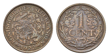 Нидерланды 1 цент 1922 Вильгельмина (1890-1948) KM 152 бронза 4674-1124