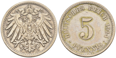 ГЕРМАНИЯ 5 ПФЕННИГОВ 1914 А, KM 11, J. 12 медно-никель 188-368