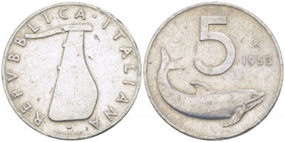 Италия 5 лир 1953 R, дельфин, плуг KM 92 алюминий 3718-252