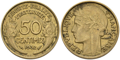 Франция 50 сантимов 1932 KM 894.1, Le Franc 192.15 алюминиевая бронза 4596-748