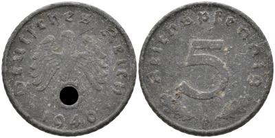 ГЕРМАНИЯ 5 РЕЙХСПФЕННИГОВ 1940 A, KM 100, J. 370 цинк 75-159