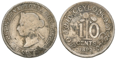 Цейлон 10 центов 1892 KM 94 серебро 4615-947